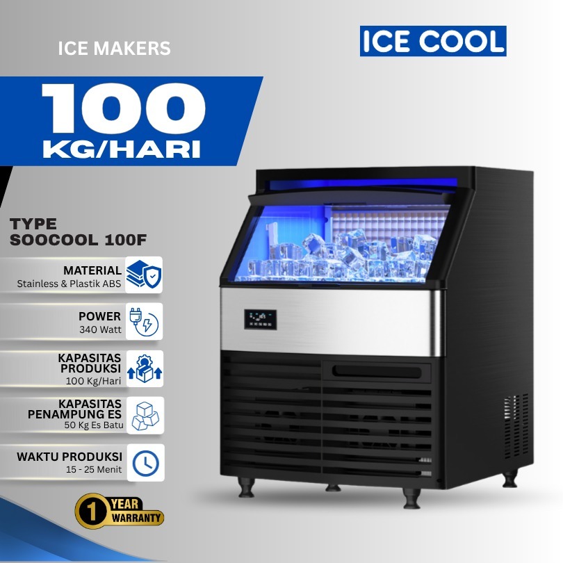 ICECOOL Mesin Pembuat Es Kristal Kapasitas 100Kg/24 Jam, Daya Rendah 340 Watt, Mesin Komersil Untuk 
