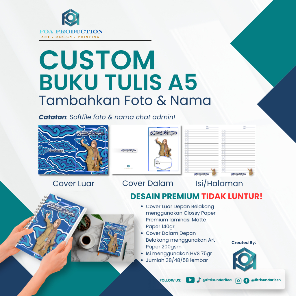 [ETHNICS BATIK] Buku Tulis Custom A5 Premium Foto & Nama - Notebook A5 Glossy Matte Art Paper 200gsm
