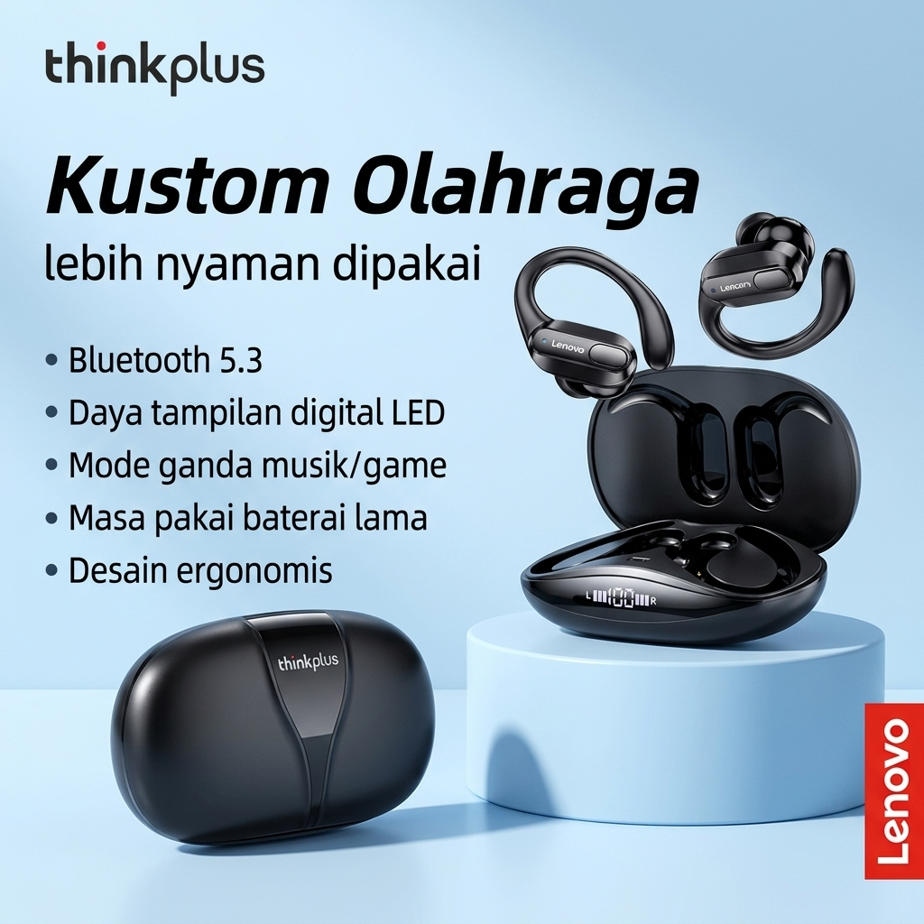 Lenovo ThinkPlus XT80 Earphone Bluetooth Bass Jernih, Cocok Olahraga dengan Musik, Garansi 1 Tahun