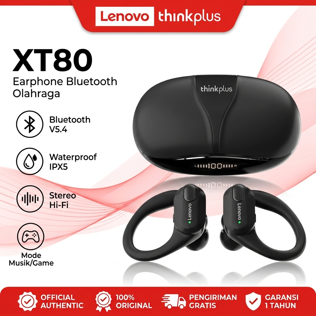 Lenovo ThinkPlus XT80 Earphone Bluetooth Mic HD, Bisa Terima Panggilan Saat Jogging, Garansi 1 Tahun