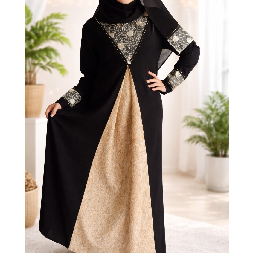 Abaya gamis Premium Brokat Golden Cream Yoryu Cream Silky Sifon | Jumbo ready