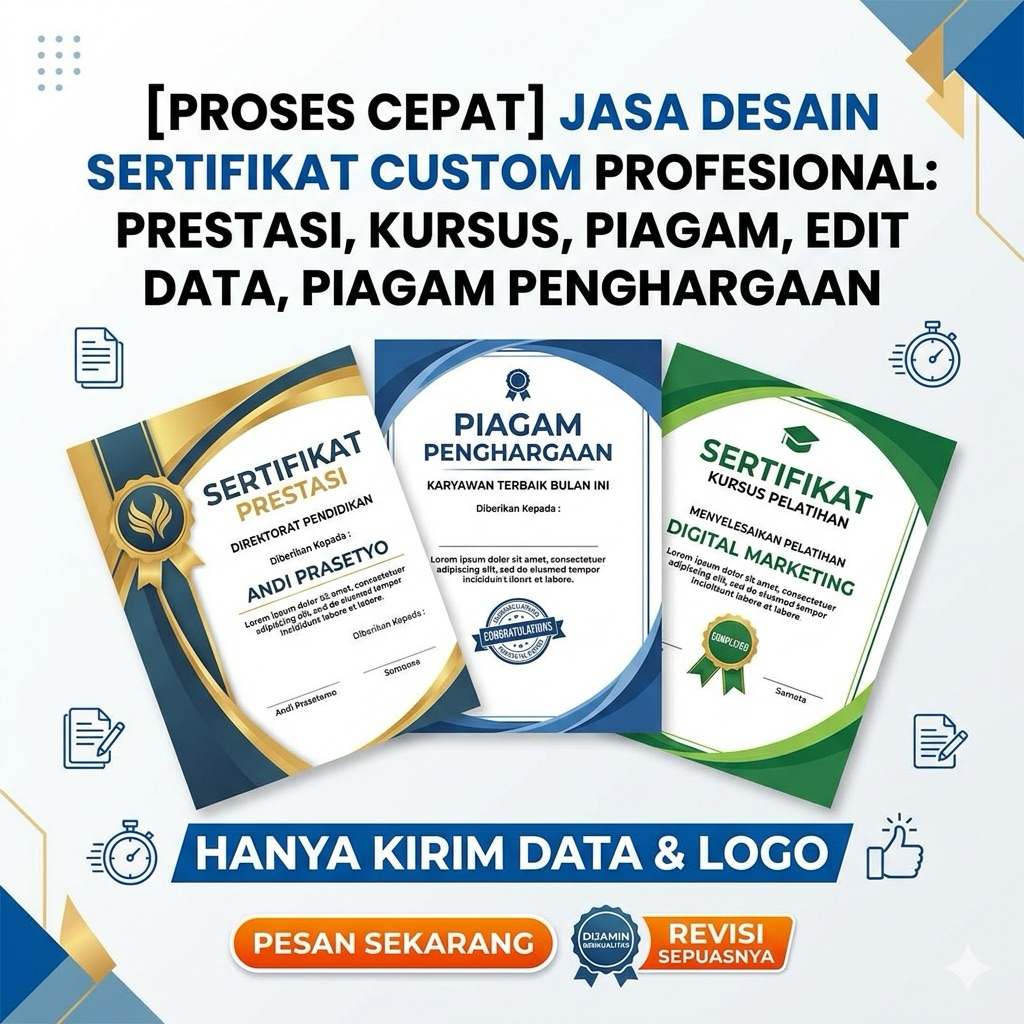[PROSES CEPAT] Jasa Desain Sertifikat Custom Profesional: Prestasi, Kursus, Piagam, Edit Data, Piaga