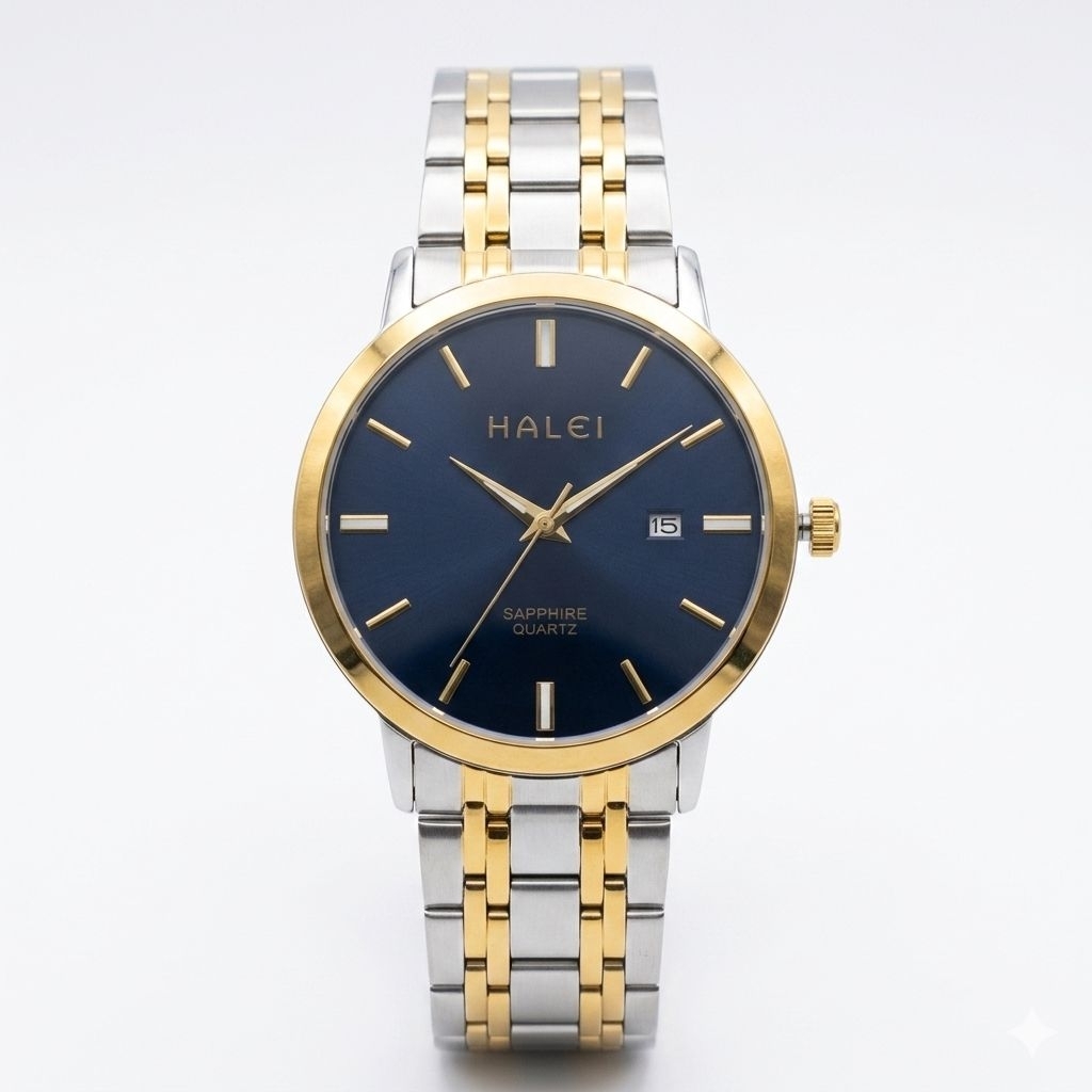 Jam Tangan Halei 593M Rantai Silver Kombinasi Gold  Dasar Hitam Cowok