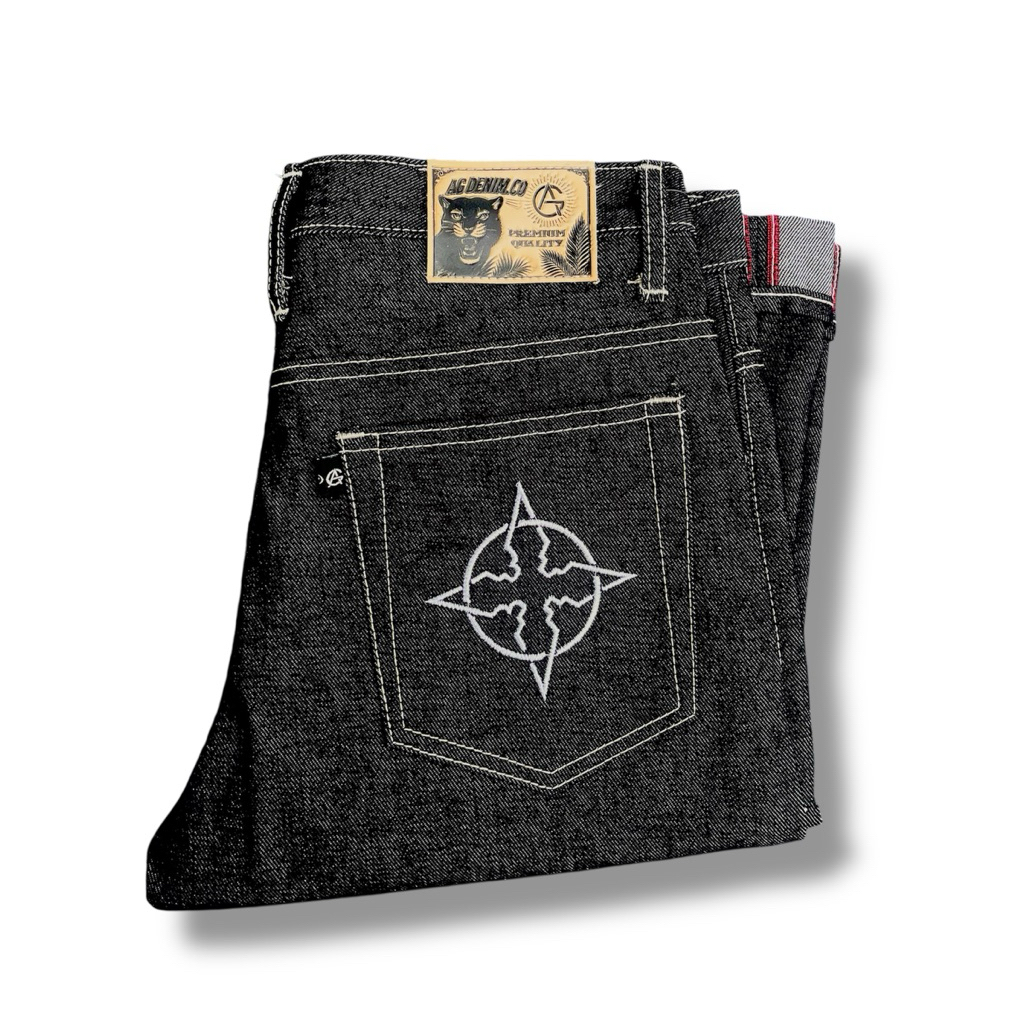 Denim Raw Selvedge Celana Panjang Denim Pria Model Raw Selvedge Bahan 14oz Warna Hitam Indigo Denim 