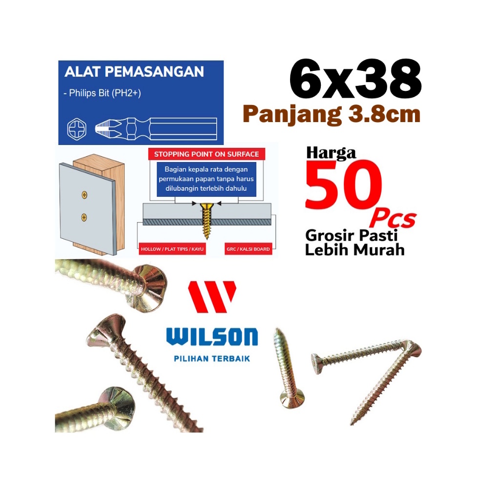 Sekrup Kalsiboard 6x38 Kuning Skrup GRC Calciboard Lisplang Conwood 6