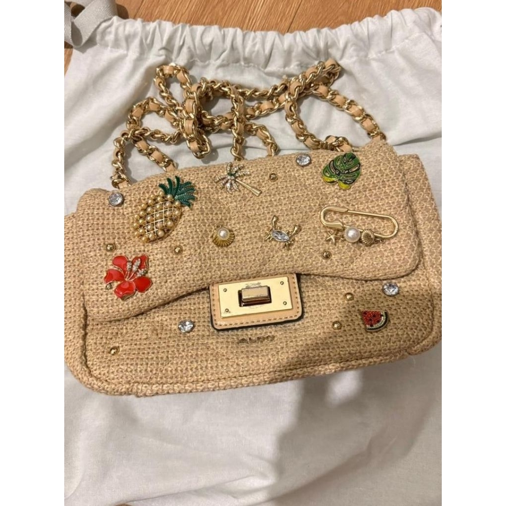 Aldo Straw Embellished Chain Bag Beige - Preloved