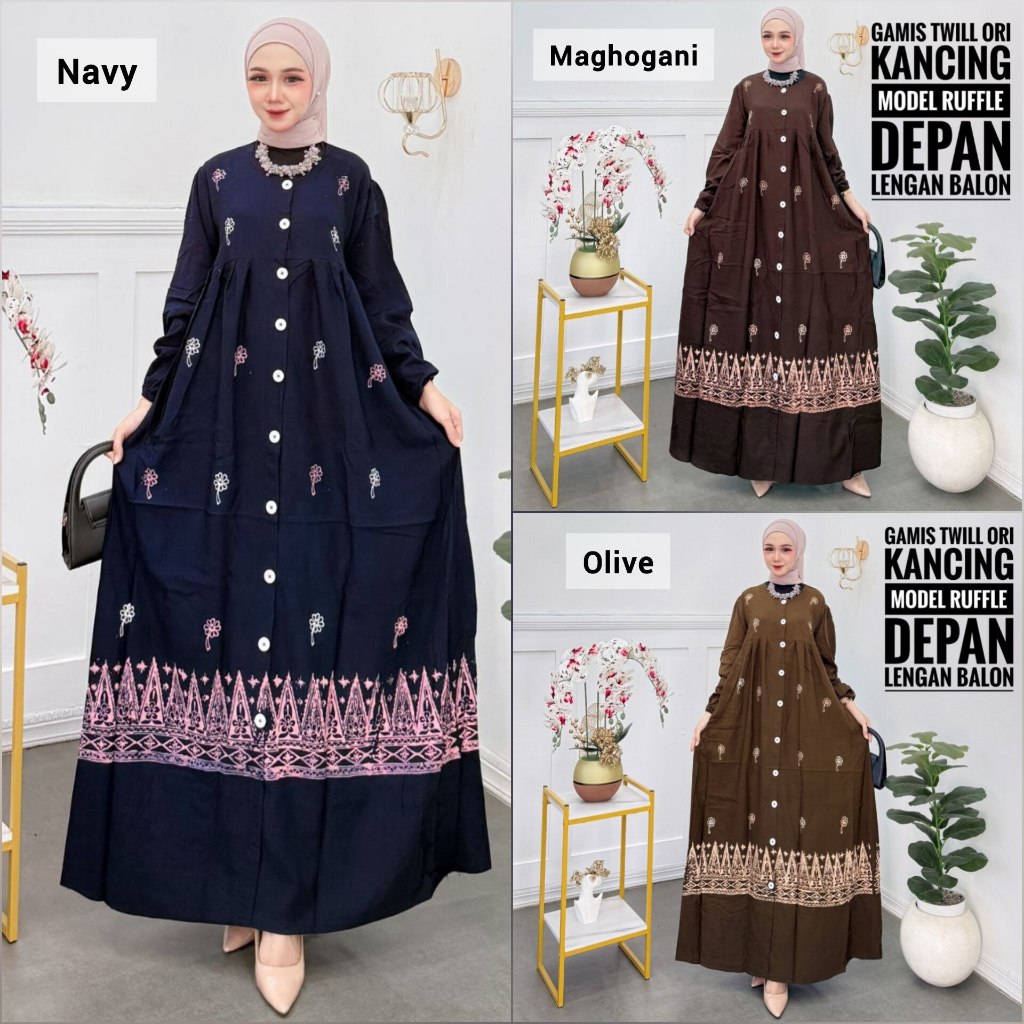AN03 Gamis Twill Ori - Gamis Twill Ori Kancing Ruflle | Twill Ori Ld 95-120 | Gamis Twill Kancing Si
