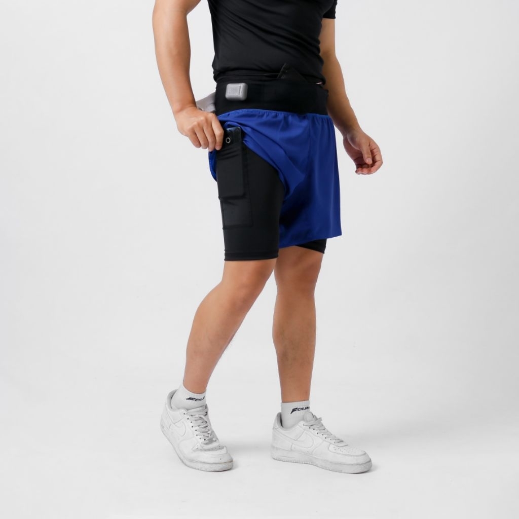 FORYZM Sportwear short pants compression 2in1 include belt celana olahraga pendek Gym lari padel sep
