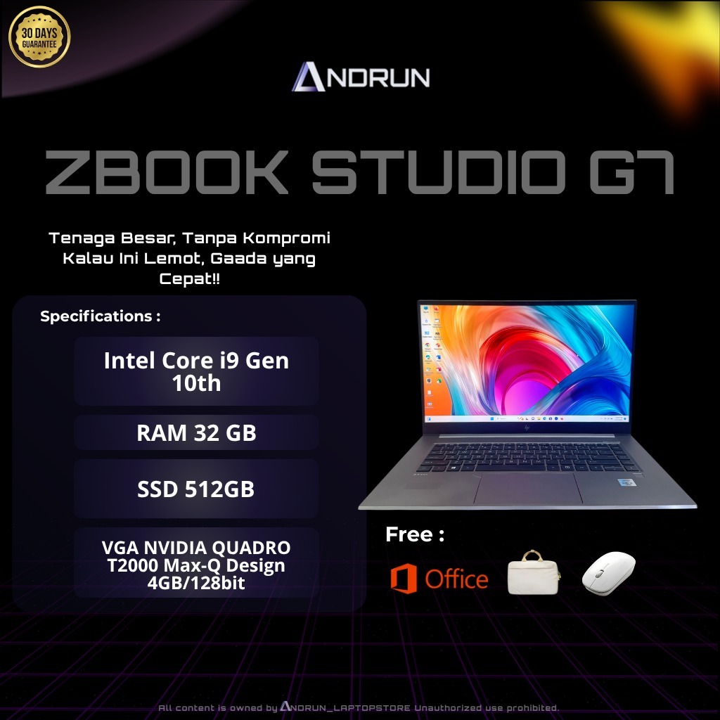 LAPTOP SEKEN HP ZBOOK STUDIO G7 CORE i9 Gen 10th || RAM 32GB SSD 512GB || VGA 4GB NVIDIA QUADRO T200