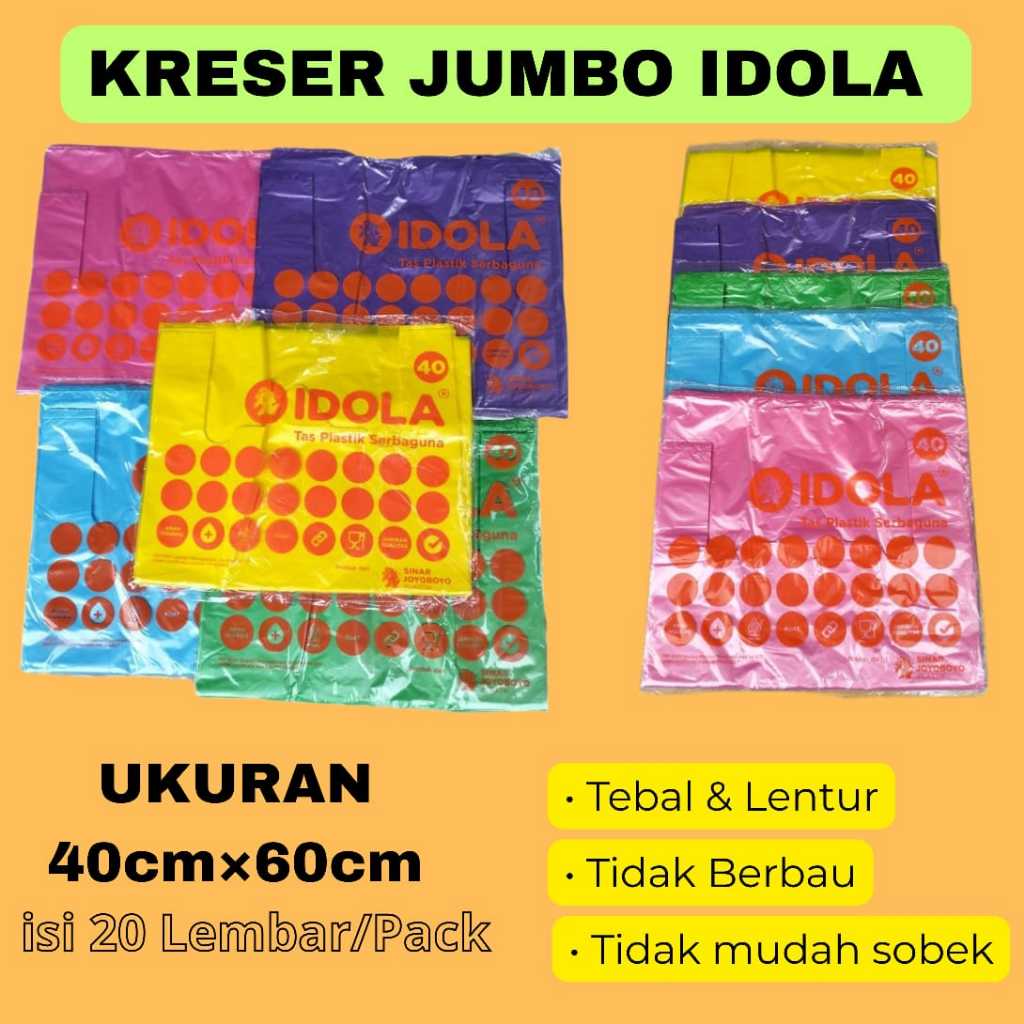 KANTONG PLASTIK JUMBO IDOLA 40x65cm WARNA/TAS KRESEK TEBAL,CERAH,TAHAN LAMA UKURAN 40 × 65