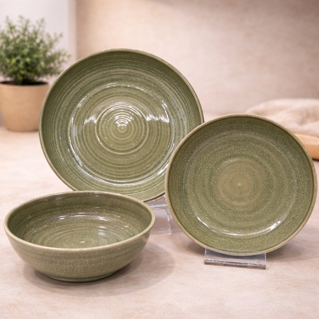 Piring Mangkok Makan Keramik Heligan Motif Spiral Hijau - Estetik, Natural & Elegan untuk Restoran