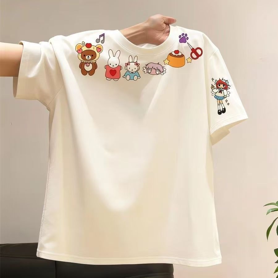 Kaos Wanita Lengan Pendek Putih Motif Kartun Anak Patung dan Binatang | Baju Kasual Harian