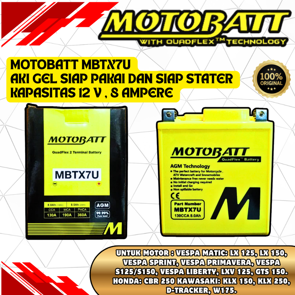 Aki Motor Honda CBR250RR , CBR 250 CC / CBR 150 R , CBR150R , CB 150 R  CC Motobatt MBTX7U