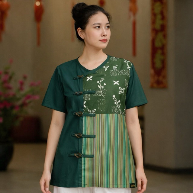 Atasan Batik Wanita Hijau Kombinasi Lurik Premium | Blouse Batik Modern Kekinian | Baju Kerja Kantor