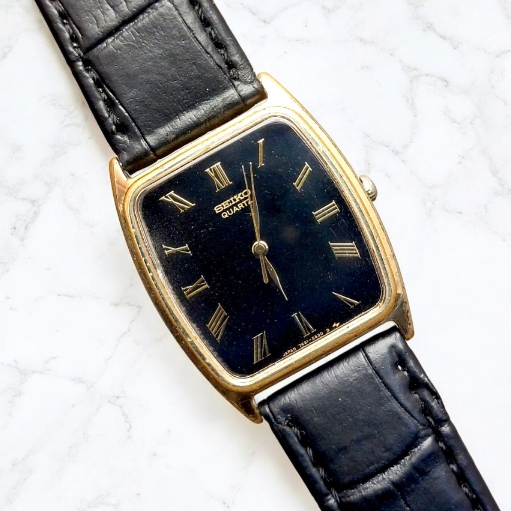 Seiko Tank Roman Black Dial Gold Case Circa 1985's Vintage Watch Original