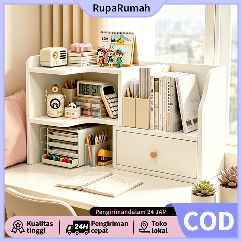 COD Rak Buku Minimalis Kayu Kuat Rak Kosmetik Rak Meja Dengan Laci Rak Penyimpanan Serbaa Portable