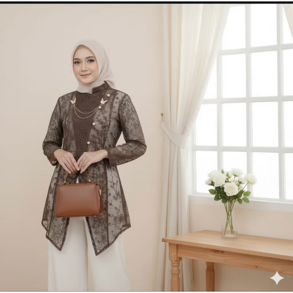 Seraya kebaya tunik Outer Tunik Kebaya Wanita Brokat Modern Sanghai Hitam