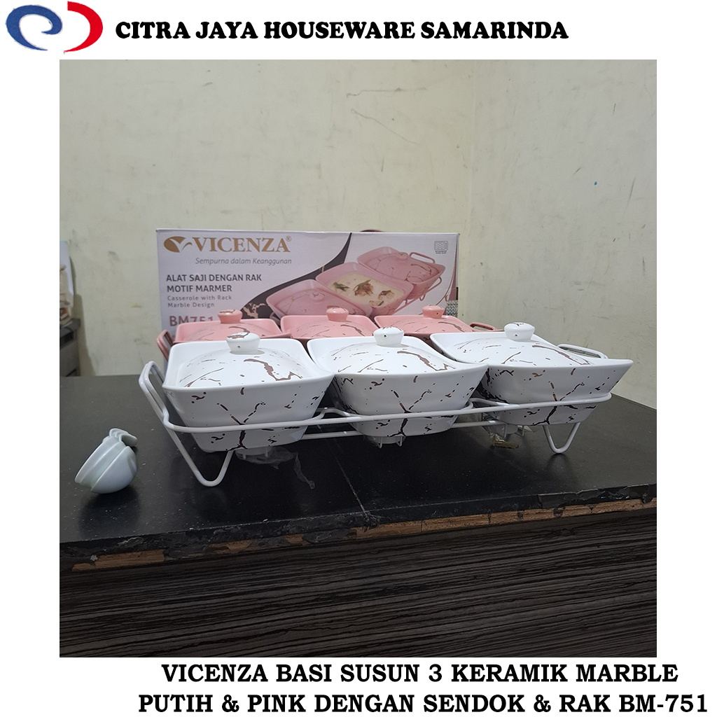 Basi Segi & Tutup Keramik Susun 3 dengan Entong & Rak MARBLE PINK & PUTIH VICENZA BM-751 (PER 1 PCS 
