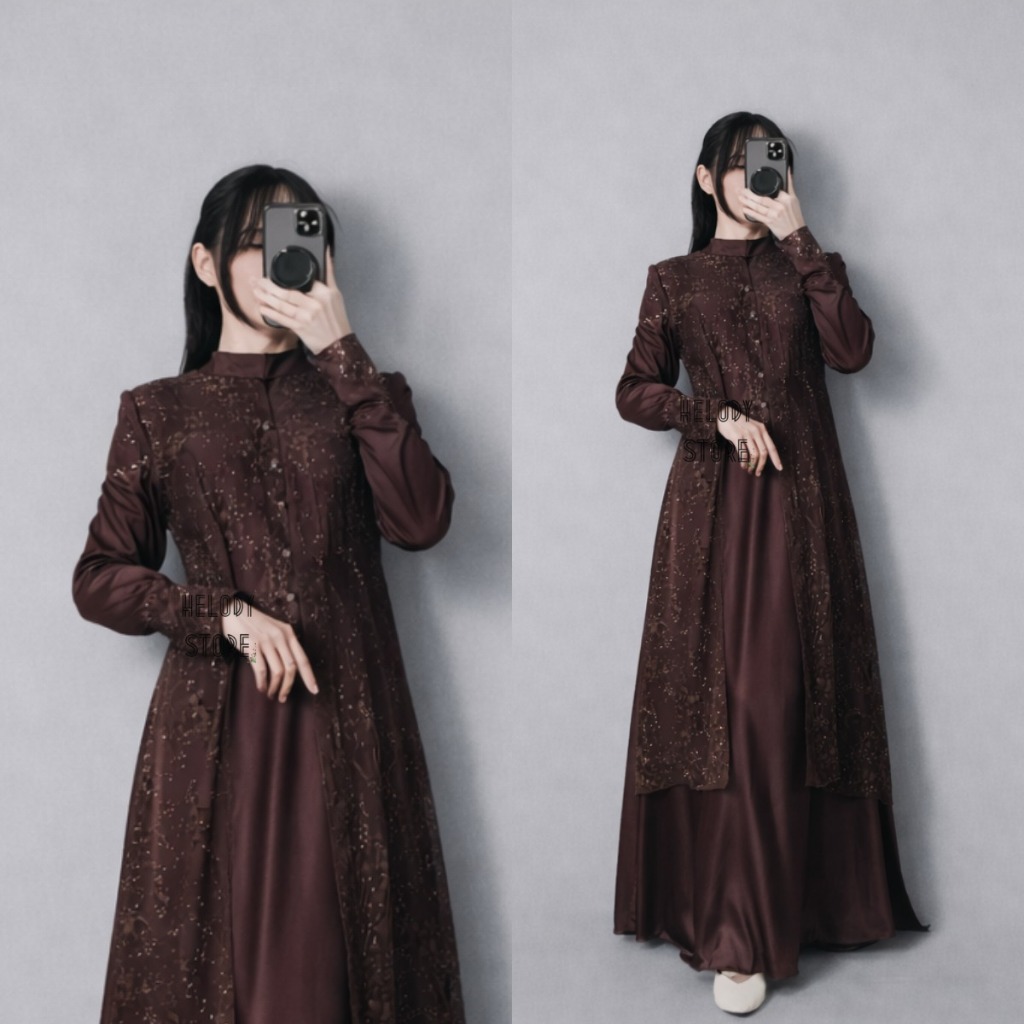 Jasmine dress gamis satin brukat tile remaja dewasa busui resleting depan tali saming Dress Brokat K