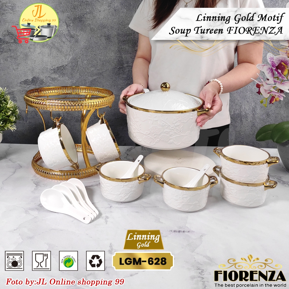 FIORENZA Mangkok Set Sop Keramik Motif Linning Gold LGM-628 / soup tureen keramik + sendok + mangkuk