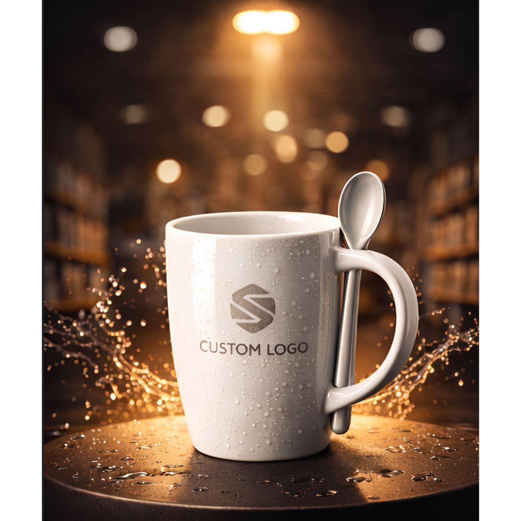 Mug Sendok Keramik 350ml – Mug Kopi Elegan + Sendok | Mug Teh Praktis Kantor & Souvenir