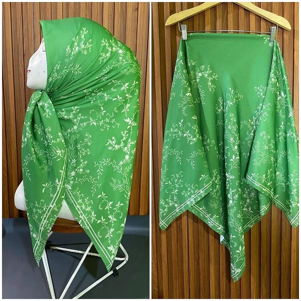 HIJAB SEGI EMPAT VOAL MOTIF BUNGA FOLURES HIJAU DAUN HIJAU JADE