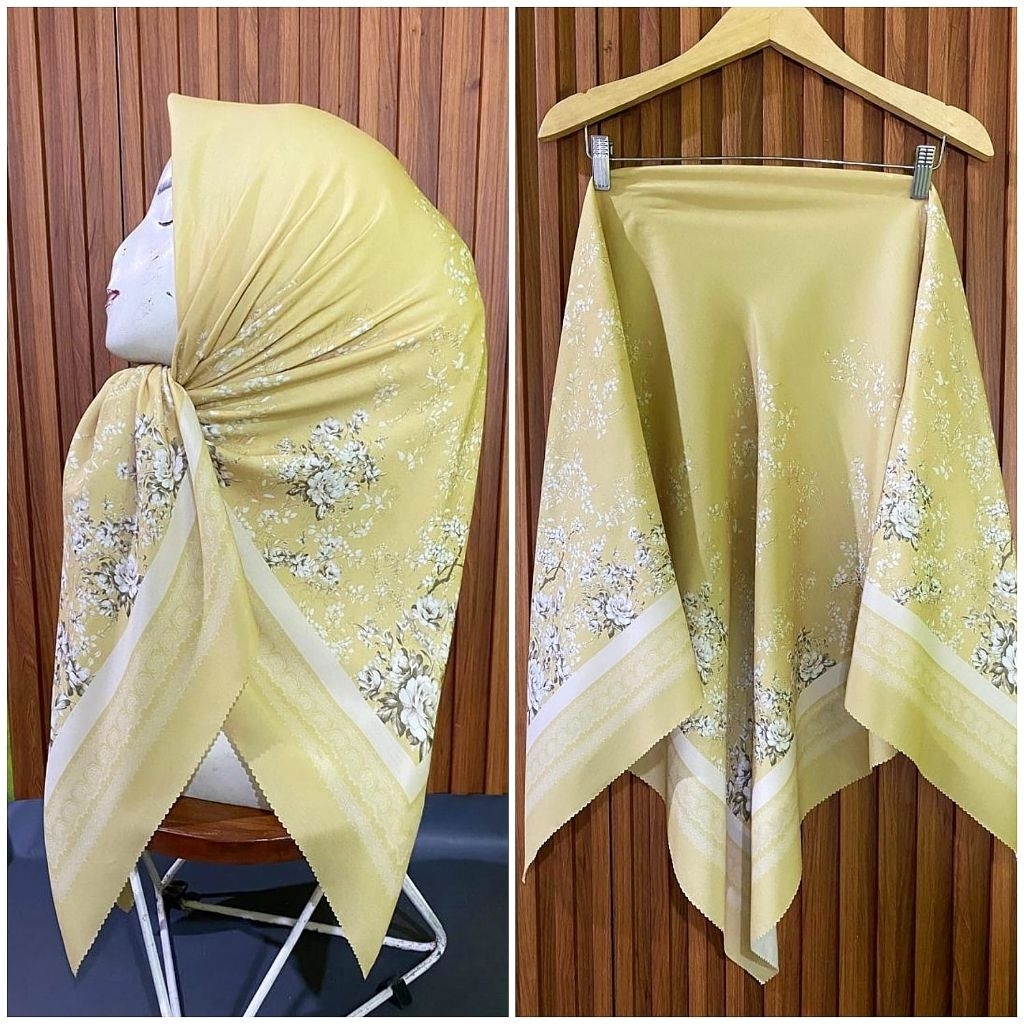 KERUDUNG SEGI EMPAT VOAL MOTIF BUNGA KALISA KUNING