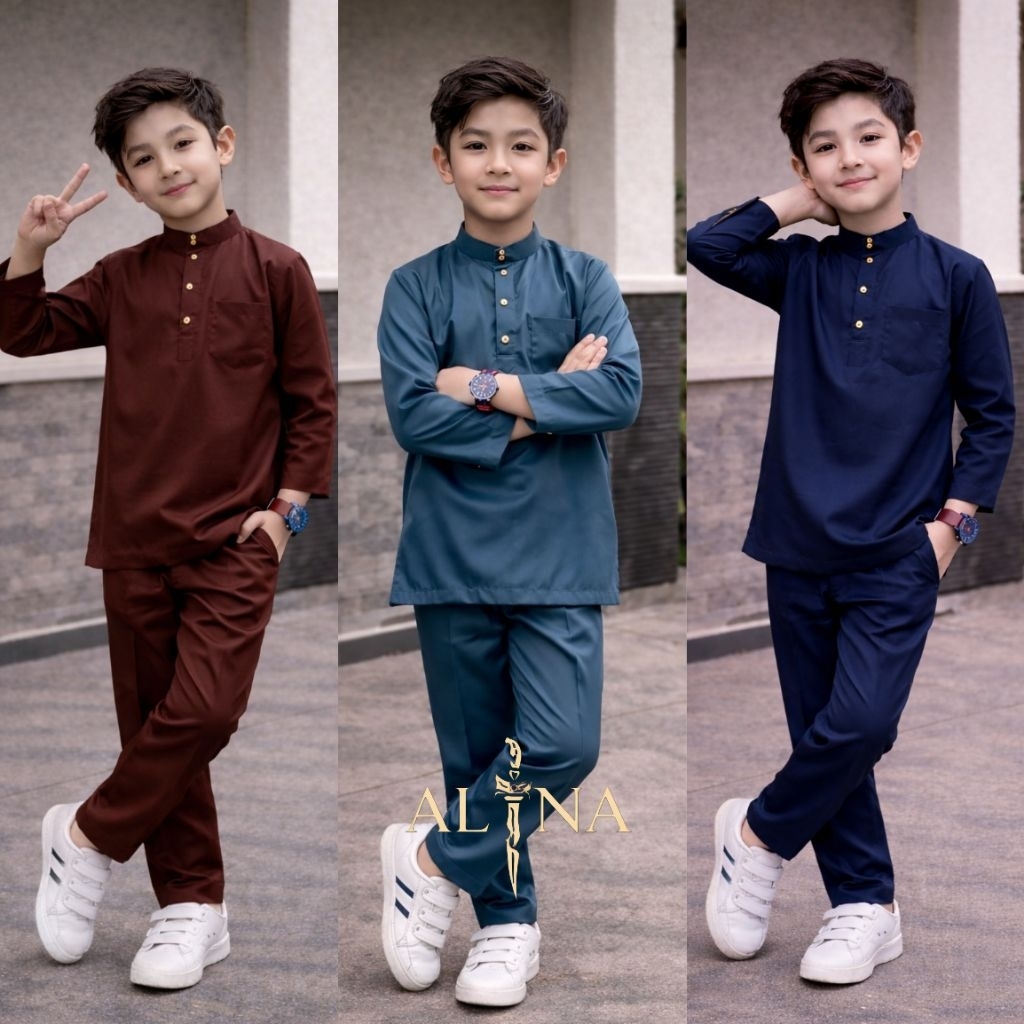 Alinalooks Set: Baju Kurung Melayu Anak Laki-Laki Model Malaysia Slim Fit - Setelan Baju Muslim