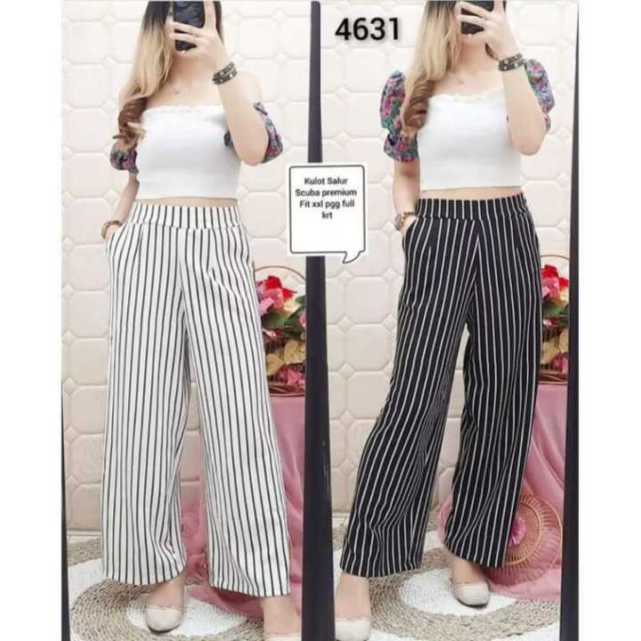 Kulot Perempuan Motif Salur / Celana Scuba Motif / Celana Kulot Scuba Motif Salur full Karet - Bawah