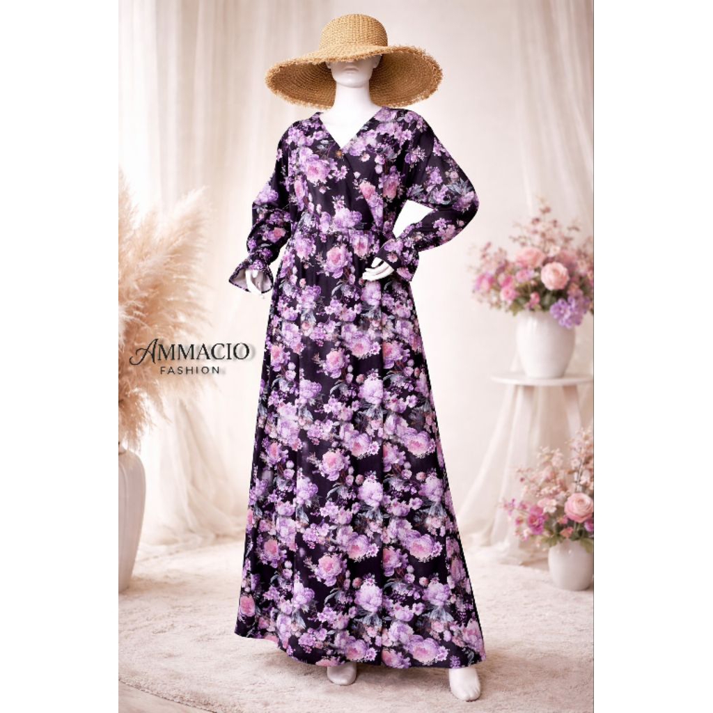 AMMACIO Gamis Floral Hitam Wolfis Printing LD 120 Panjang 140 Dress Bunga Wanita