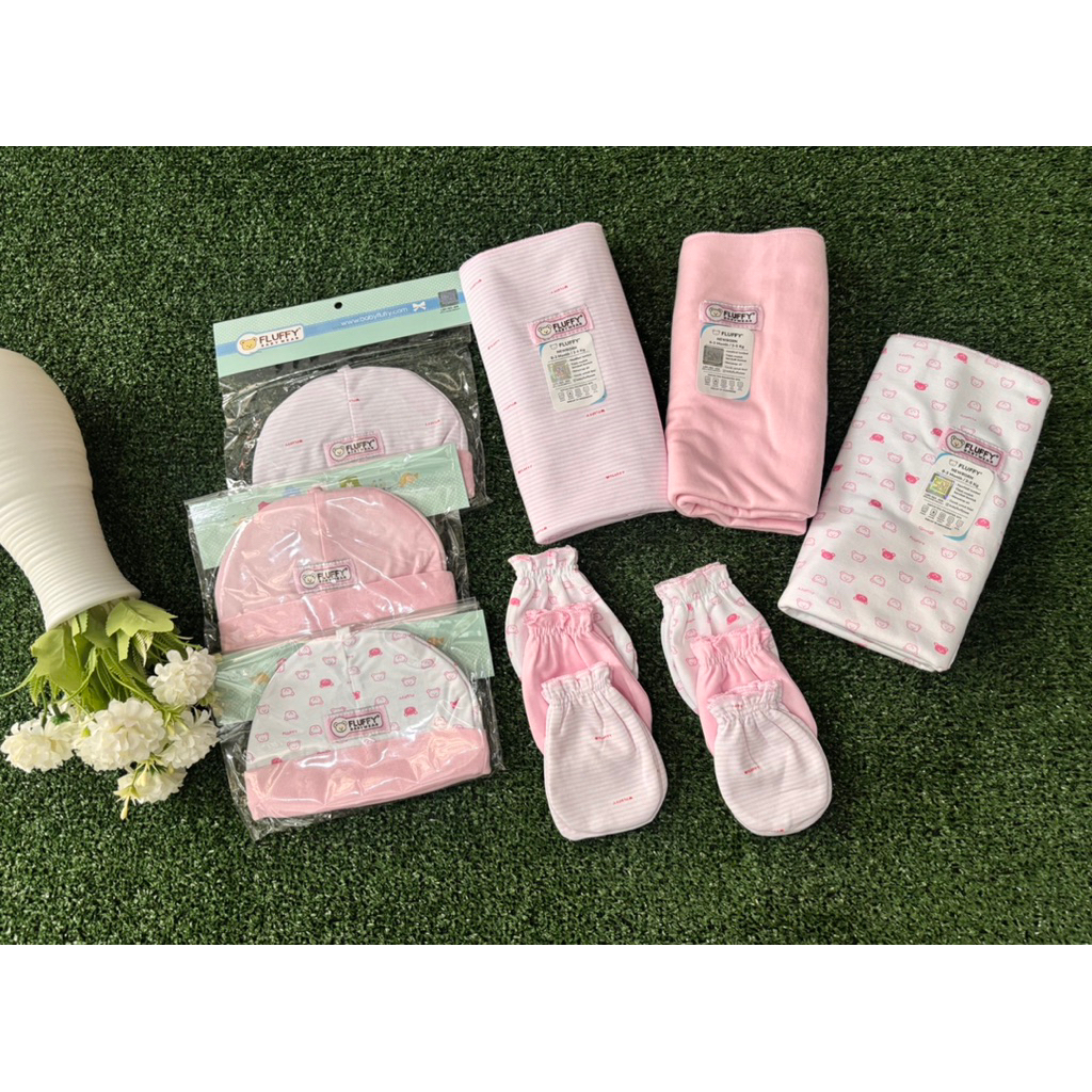 bedong set sarung tangan dan kaki bayi newborn merk fluffy bedong set topi bayi newborn
