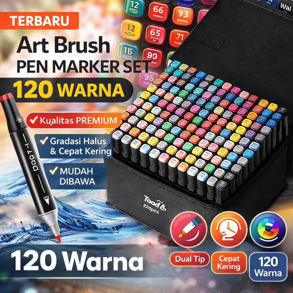 Spidol 120 Warna Lengkap Dual Tip – Brush & Fine Tip, Tinta Cepat Kering + Tas