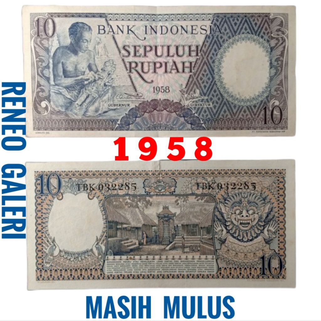 Mulus 10 Rp 1958 asli Rupiah tahun Seri Pekerja tangan pemahat patung uang kertas Kuno duit jadul la