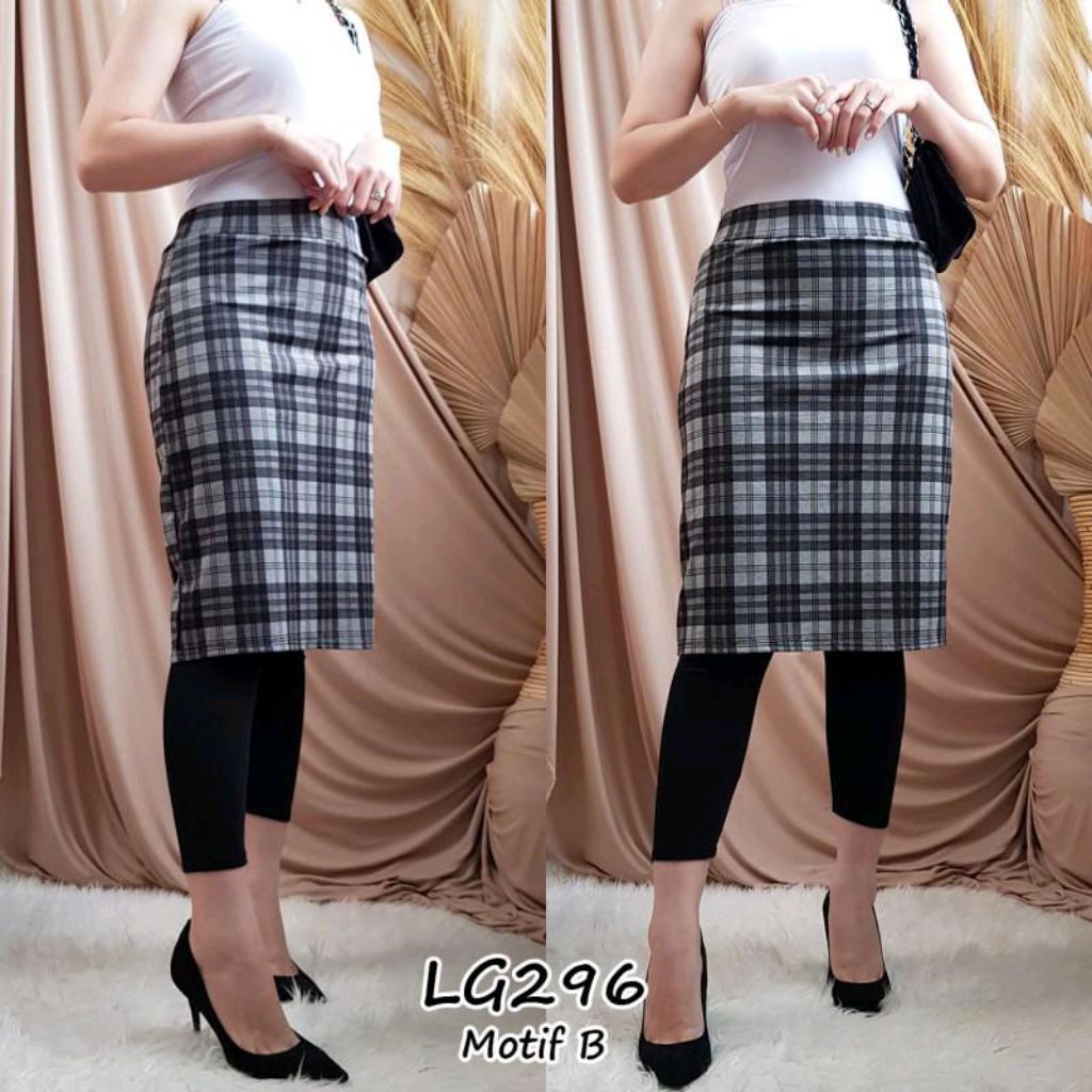 Celana Legging Panjang Mix Rok Wanita Casual Motif Kotak Kotak 296