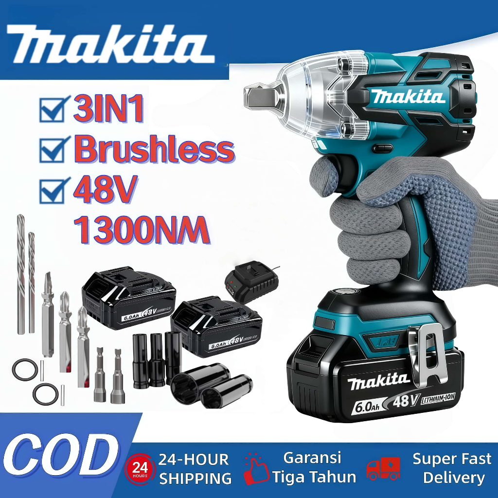Makita Brushless Impact wrench 1300NM Cordless 3 IN 1  Bor Impact Baterai Listrik Electric Rechargea