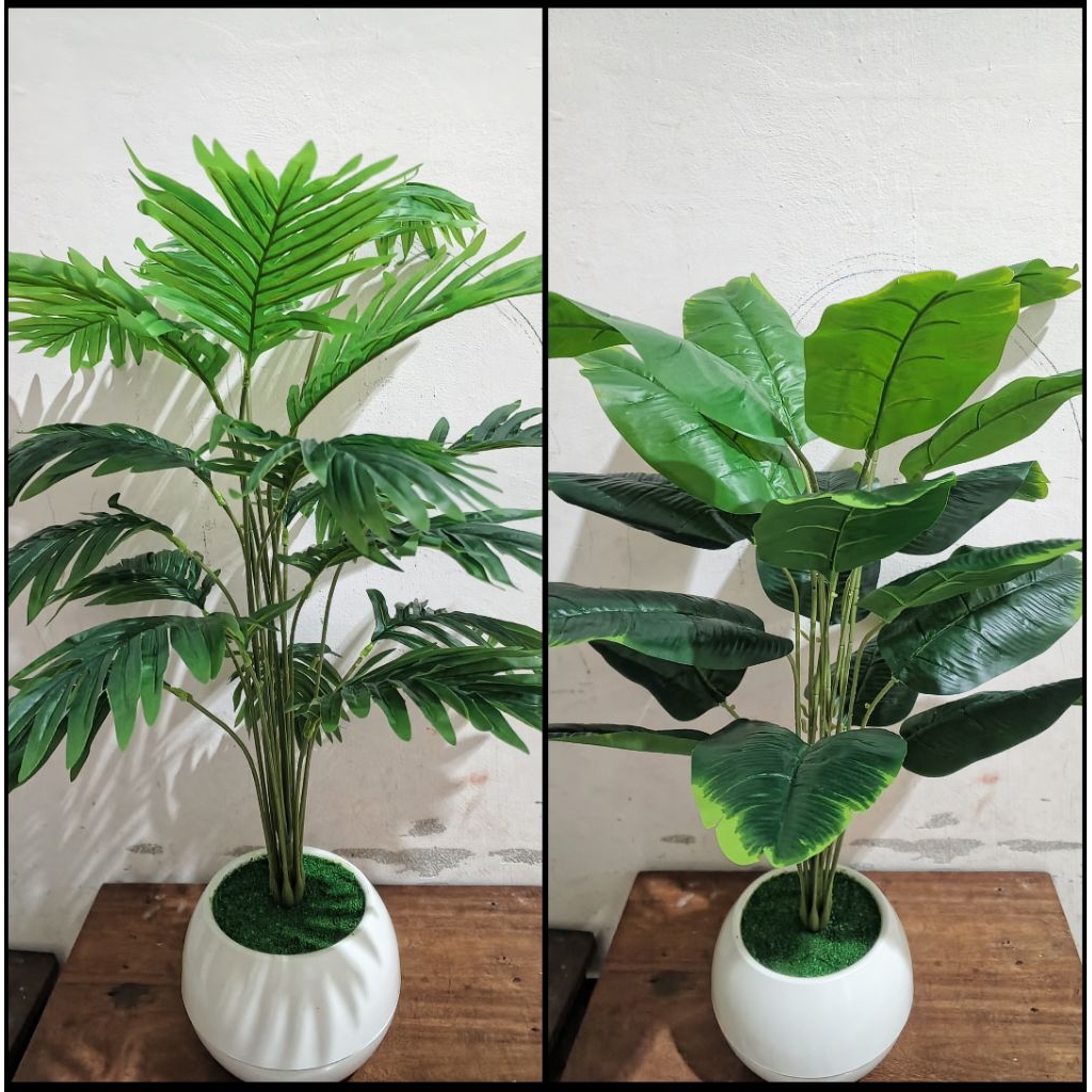 Set Pot Bulat + Tanaman Hias Palem dan Pisang Hias Artifisial | Tanaman Plastik Imitasi
