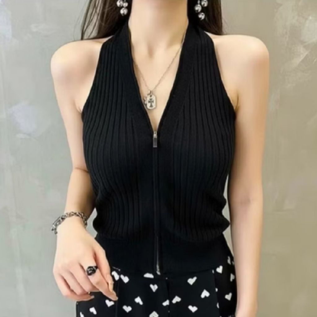 Atasan Halter Neck Knit Zipper / Tank Top Rajut Kerah V Sleting Depan B2310