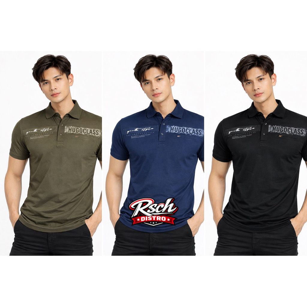 Kaos Kerah Fashion Pria HUGO CLASS Original OKEBOSS Combet Polos Kombinasi Pundak M-XXL (Kancing)