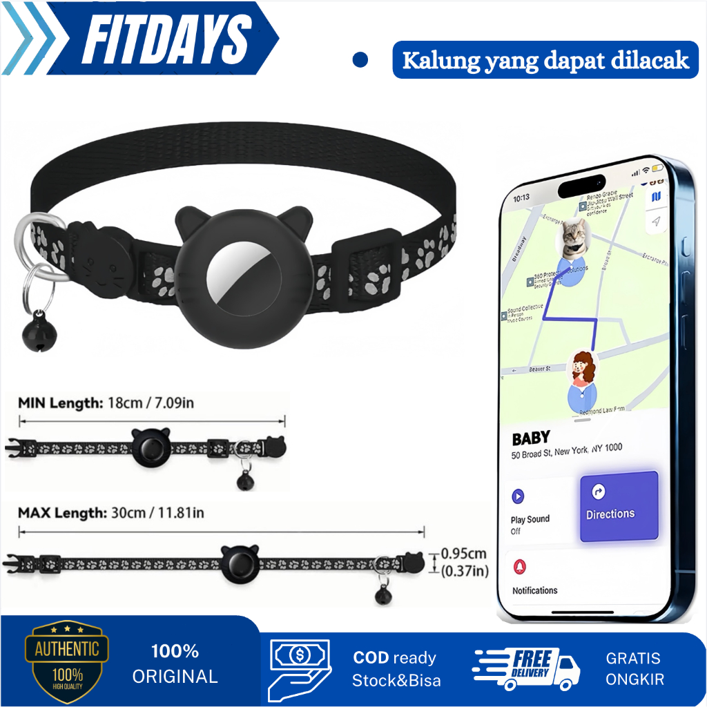 Fitdays Smart GPS Pet Tracker Air Tag Anjing/Kucing, Kalung kuping Pelacak Bercahaya malam,  Android