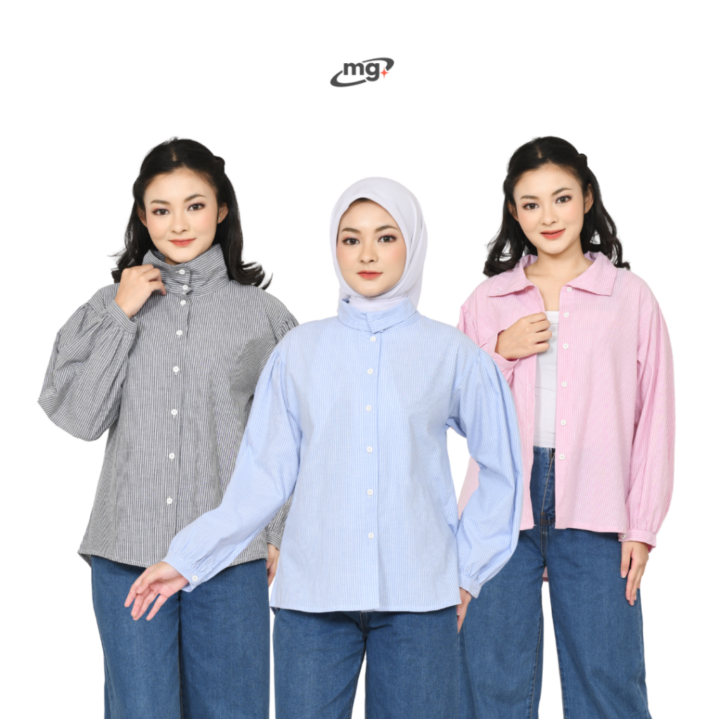 MORGOODS - Salur Blouse // Blouse Wanita // Blouse Lengan Balon // Kemeja Blouse Salur // Atasan Wan