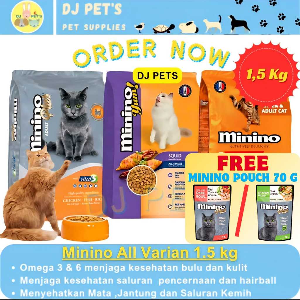 Minino Plus Adult dan Kitten Squid dan Tuna 1.5 Kg FREE Minino Pouch 70g Makanan kucing untuk semua 