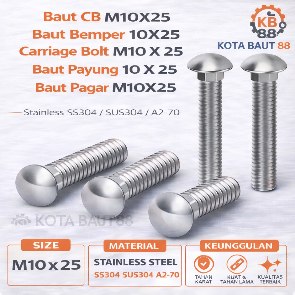 Baut CB M10X25 / Baut Bemper 10X25 / Carriage Bolt M10 X 25 / Baut Payung 10 X 25 / Baut Pagar M10X2