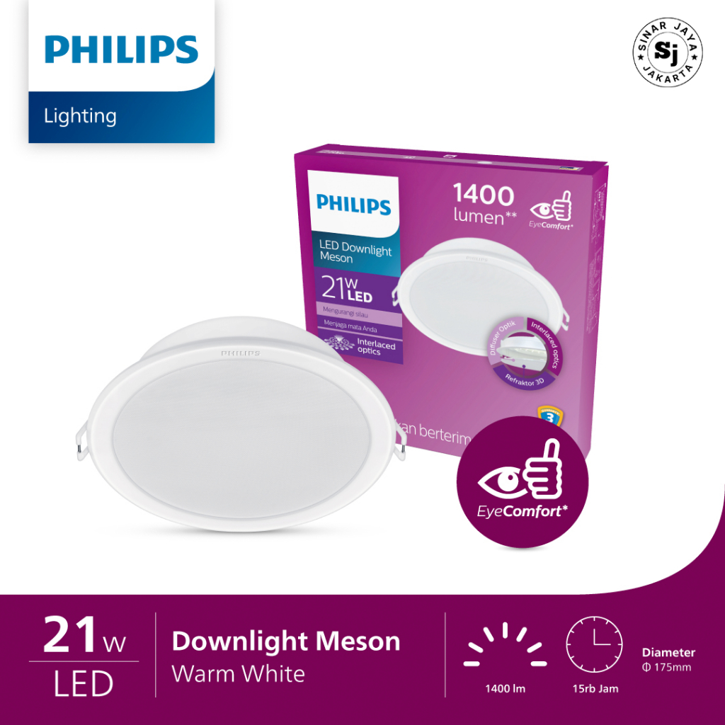 Lampu Plafon Philips Meson 21W 21Watt LED Downlight Cahaya Tidak Silau - Cahaya Kuning (AD0104156)