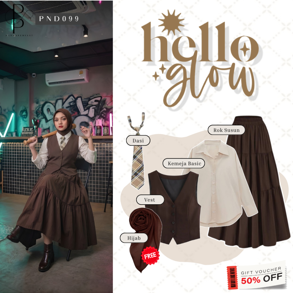 Set Outfit Enola Holmes Yearbook Vintage Wanita [ Kemeja, Rok Susun, Vest, Dasi, FREE Hijab ] PND099