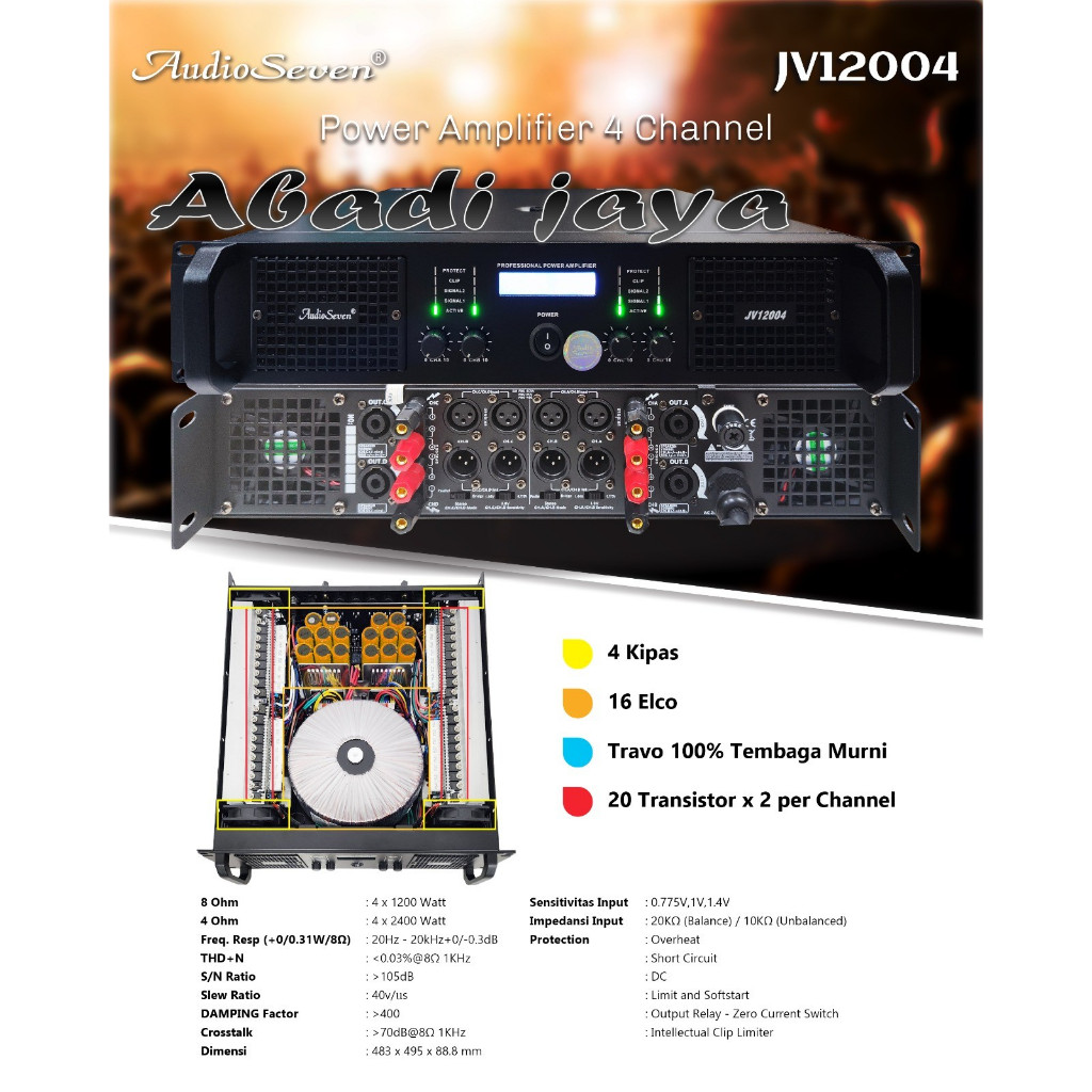 power audio seven jv12004 / jv 12004 / AUDIO SEVEN JV12004 / JV 12004 4 channel 4 x 1200watt origina