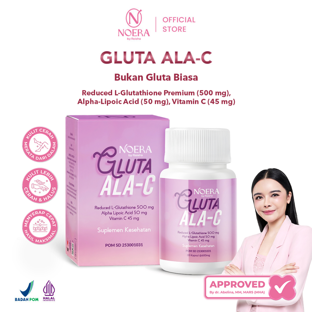 Noera Gluta ALA-C | Noera Suplement Whitening isi 30 Kapsul | Reduced L-Glutathione 500mg with Alpha