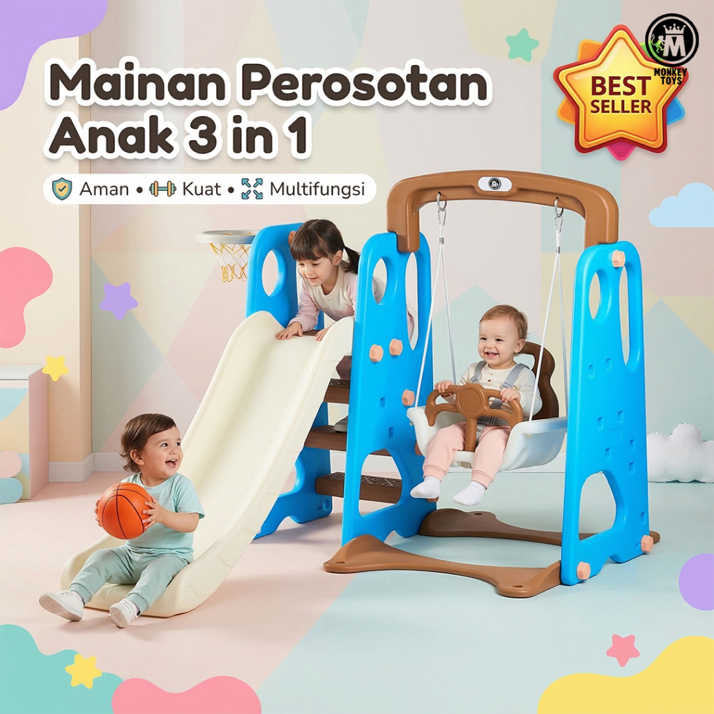 MMonkeyToys Perosotan Ayunan Anak 3IN1 Tinggi 1 METER Slide And Swings Indoor Outdoor Playground