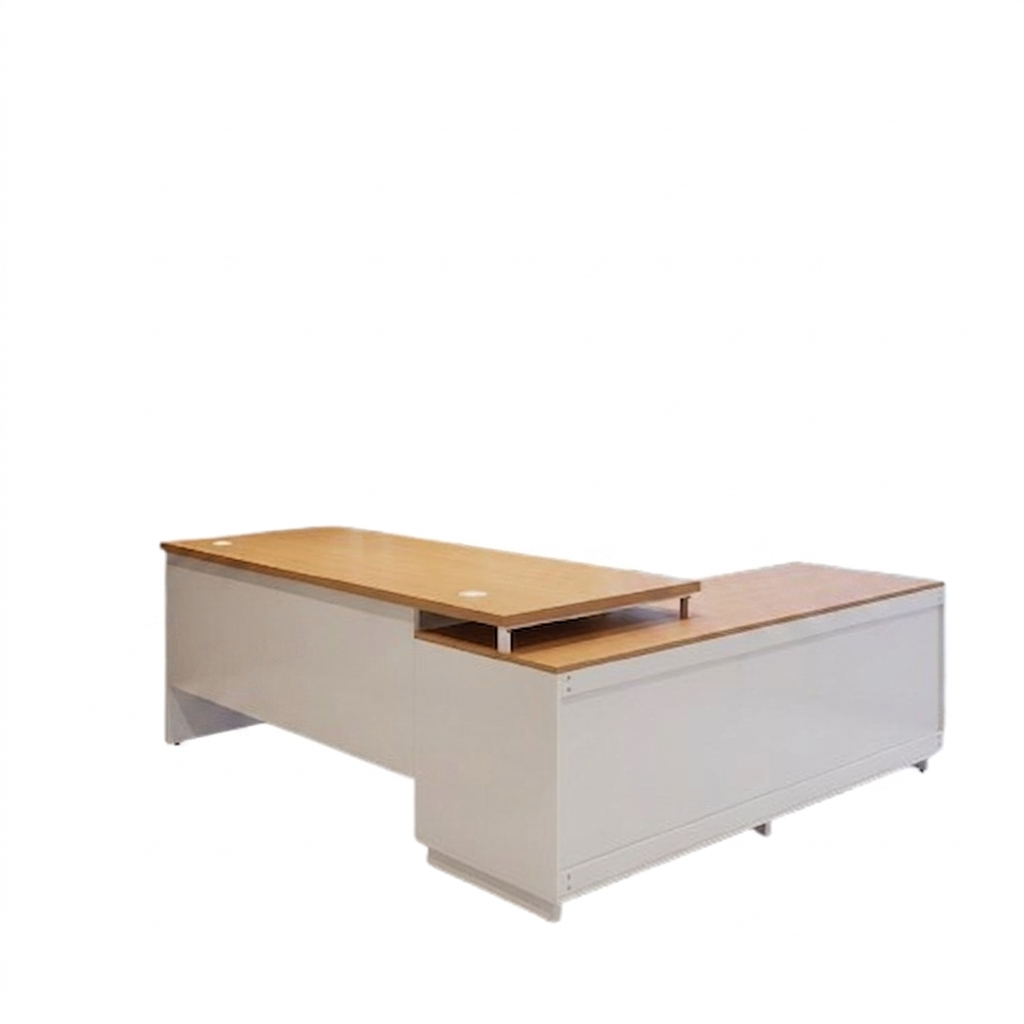 Meja Direktur Model L dengan Laci Kaki Besi Custom HPL Multiplek /Custom Ruang Kantor Kerja Office  