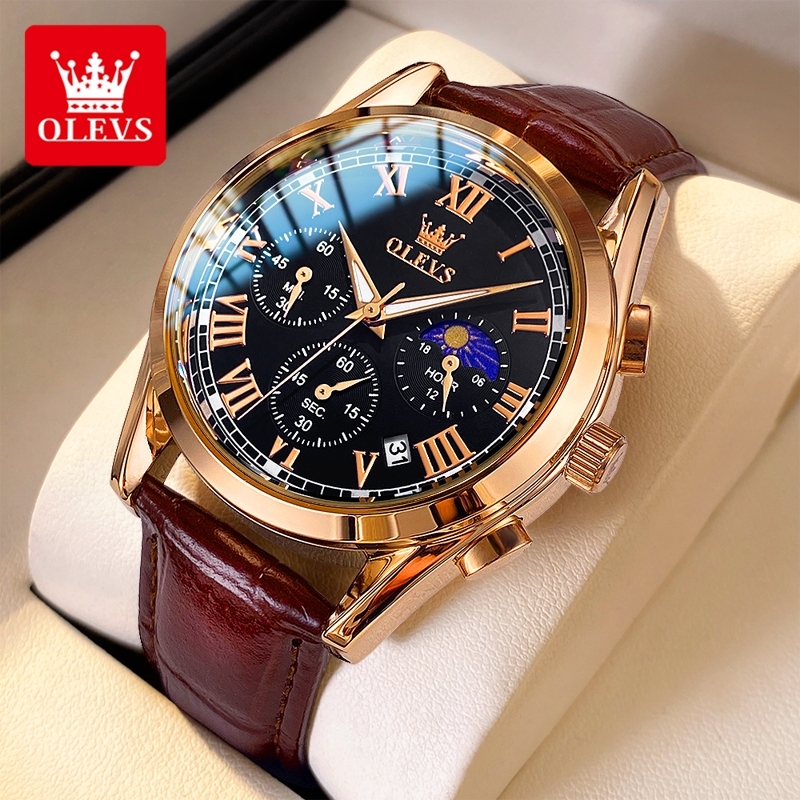 OLEVS Jam Tangan Pria Original 2871 Anti Air Kulit Tahan Luxury Chronograph Watch Men Multifungsi