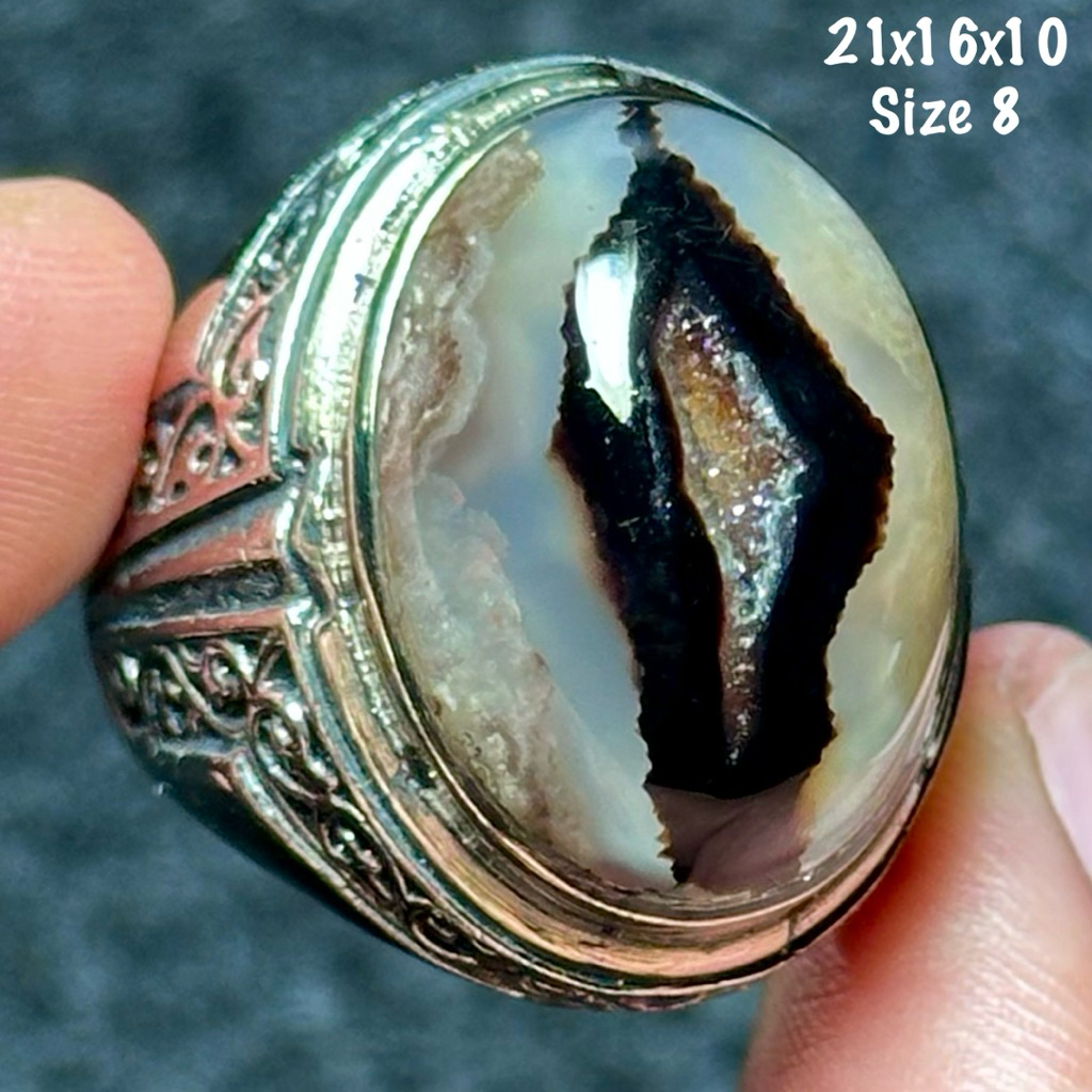 Cincin Batu Akik Natural Yaman Junder Miss V Combong Kristal (asli alam)